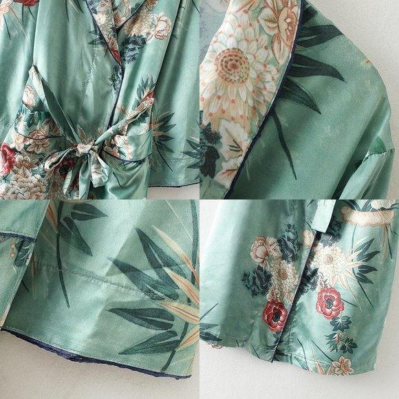 Floral Green Print Long Kimono Jacket Coat Women's - Picture 16 of 16